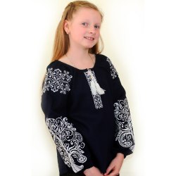 Дитяча вишита блуза Ольга на темно-синьому льоні з білою вишивкою