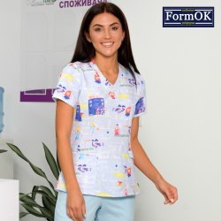 Жіноча медична блуза FormOK Асія блакитна з принтом