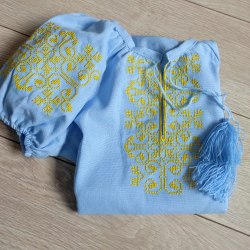 Дитяча вишита блуза Ольга на блакитному льоні з жовтою вишивкою