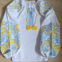 Дитяча вишита блуза Ольга на домотканому полотні з жовто-бакитною вишивкою